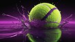 © Akun - A vibrant green tennis ball splashing into water, creating dynamic ripples against a purple backdrop