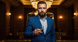 © ibrahim - Confident Businessman in Blue Suit Holding Whiskey in Luxury Hotel Bar with Ornate Chandelier Background