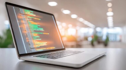 Modern Programming at a Desk: A laptop displaying coding lines on a modern table. It shows technological development, information flow and data processing