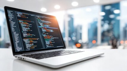 Wall Mural - Programming Paradise: Dive into the digital realm where code flows, creativity flourishes and the world transforms. A laptop shines, revealing lines of software, as windows blur softly in the sun. 