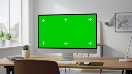 Modern office desk with green screen computer ready for creative content creation and digital projects