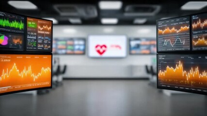 Wall Mural - Tech Room with Chart Monitors: A sleek, modern tech room with multiple monitors displaying dynamic charts, conveying a sense of information, control, and technological innovation.