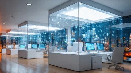 Wall Mural - Cyber-Age Workplace: A modern office space with clean lines and digital interfaces, hinting at the advanced technology and futuristic solutions. Reflecting the synergy of technology and workspace.