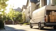 © tharushi - A delivery van parked in front of a residential house with parcels being unloaded,  on blurred background
