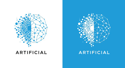 Vector illustration of artificial intelligence logo with network and particles on white and blue background
