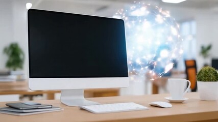 Wall Mural - Digital Workspace with Modern Devices: A sleek workspace setup featuring a modern computer display, keyboard, and mouse, complimented by a glowing digital sphere