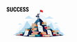 © Ahdan - A triumphant businessman stands atop a mountain of books and documents, triumphantly holding a red flag, signifying achievement and success.