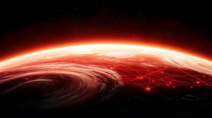 Wall Mural - the image shows a red, swirling planet set against a dark, star-filled background, with glowing red 