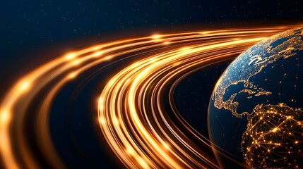Wall Mural - the image features a stylized earth with glowing city lights and streaks of golden light orbiting ar