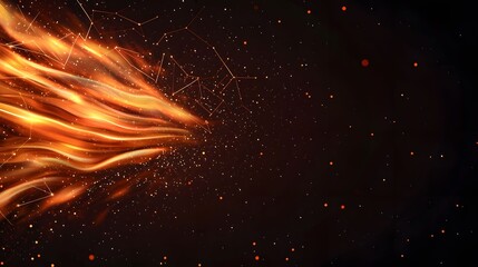 Wall Mural - The image displays an abstract design featuring flowing orange and yellow lines resembling flames, overlaid with a network of connecting lines and dots, all set against a dark background.
