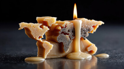 Melting wax shaped like world map symbolizes geopolitical uncertainty with warm light and dark background creating dramatic