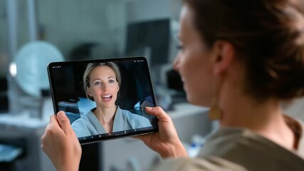 Woman using tablet with digital UI reflection on her face