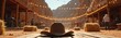 © Viktor - Western town canyon party scene with cowboy hat foreground. String lights illuminate rustic buildings, hay bales. People enjoy desert festival with live music, creating lively summer celebration