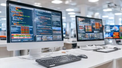 Tech Workspace: Modern office with several computers displaying software code. A space where technology and innovation thrive, emphasizing connectivity and seamless workflow.