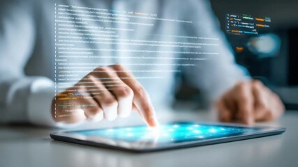 Interactive Tech: A focused view of a person's finger interacting with a glowing tablet, showcasing data and digital interfaces in a dynamic technological environment.