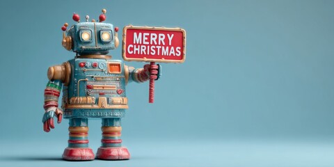 Colorful vintage toy robot holding red Merry Christmas sign