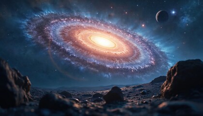 Wall Mural - Vibrant swirling galaxy with bright core, nebulae, and distant planet. Deep space view from rocky alien planet surface. Cosmic phenomenon, astronomy, science fiction, universe exploration.