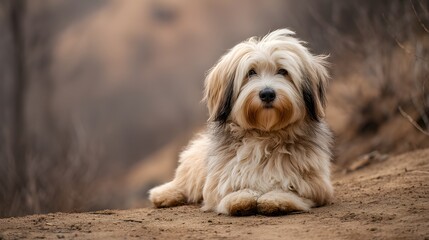  A Tibetan terrier sitting peacefully with soft fur, exuding calmness and natural beauty.
