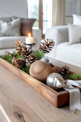 Wall Mural - christmas centerpiece with pine cones, wooden balls, and a burning candle creating cozy atmosphere