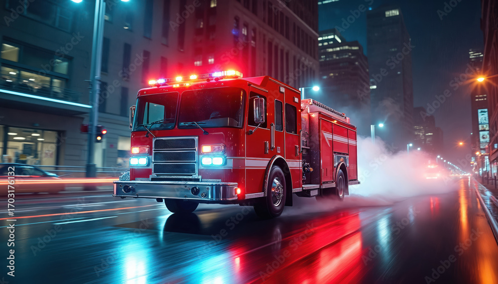 Shiny red fire truck speeds through city streets at night, emergency ...