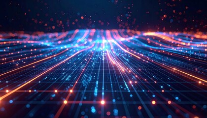Abstract Network Data Flow with Blue and Orange Glowing Lines and Grid Background