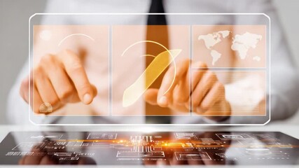 Wall Mural - Interactive Interface: A professional's hands interact with a digital interface, overlaying a modern workspace.