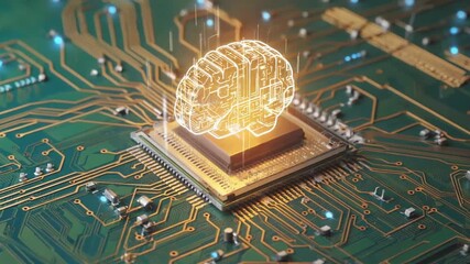 Wall Mural - Digital Brain Circuitry: A vibrant digital rendering presents a glowing brain overlaid upon a circuit board, representing the confluence of human intellect and advanced technology.