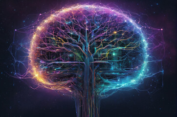 Wall Mural - Digital Neural Tree of Knowledge. Generative AI.