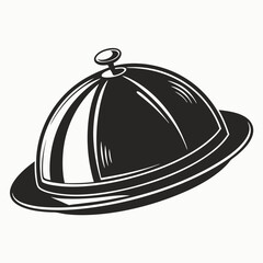 A classic silver serving cloche with a round handle on top.