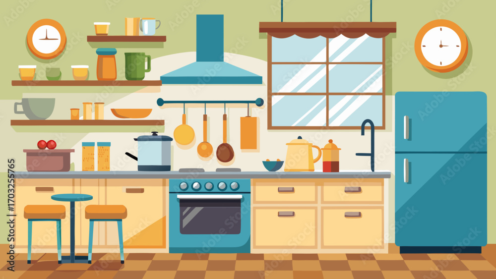 Vector art of cartoon kitchen interior with furniture, appliances, and ...