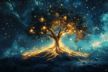 surreal dreams of a glowing tree with roots tangled in the stars