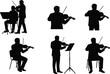 © Sumon - Violin player silhouettes, classical musician, violinist performing, orchestral music, string instrument, musical practice, concert performance, music sheet, seated violinist,