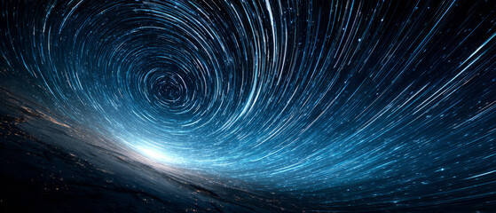 Wall Mural - Swirling Star Trails in Night Sky Over Earth Horizon