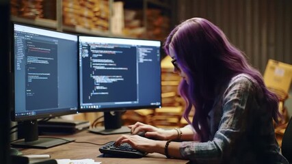 Dedicated Coder with Purple Hair Working Diligently on Dual Monitors in Warehouse Office
