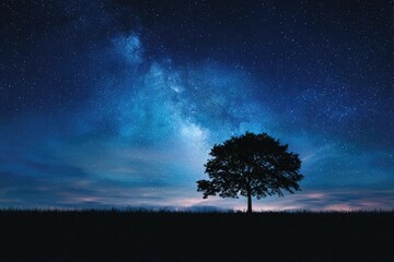 Wall Mural - Silhouetted tree under a vibrant night sky with a prominent milky way