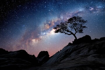 Wall Mural - Starry night, Milky Way, solitary tree, rocky outcrop.  Vast night sky, dotted with stars, Milky Way galaxy, prominent.  Silhouette of a single tree on a rocky hilltop