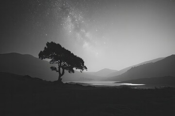 Wall Mural - Silhouetted tree by a lake under a starlit sky