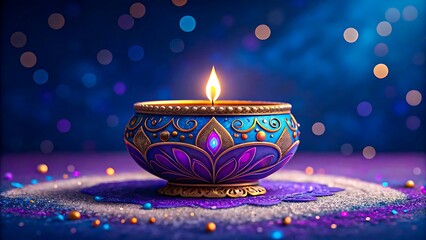 Decorative colorful diya with glowing flame on purple sand and bokeh lights for diwali celebration 

