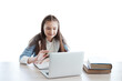 © cocorattanakorn - Smiling Caucasian girl learning online with laptop and chatting with people in classroom of school. Education cancept