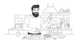 © Kanaf - Bearded man cooking a delicious homemade breakfast in a modern kitchen, a black and white line art vector illustration of a daily lifestyle