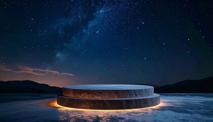 Wall Mural - Elevated Stone Podium Under Starry Night Sky Over Mountainous Terrain and Still Water Reflecting Stars