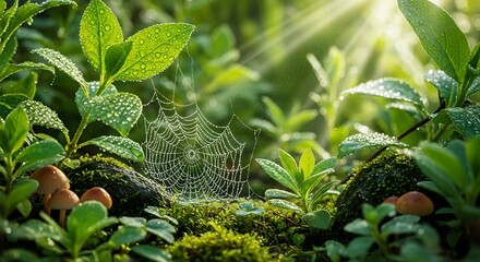 Dew Drops on Spider Web in Lush Green Forest Sunlight Rays.