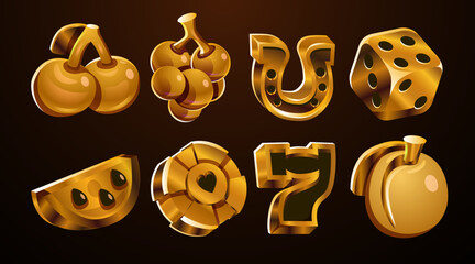 Wall Mural - set cartoon casino slot golden icons. slot machine elements. element for gambling game. vegas asset 