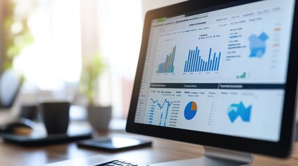 An SEO dashboard with website traffic and keyword analysis charts, blurred office background 