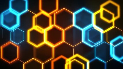 Wall Mural - Glowing hexagon shape glowing blue and orange create vibrant abstract futuristic pattern dynamic background with energetic digital atmosphere and dark background design