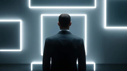 Wall Mural - man in black suit back view facing glowing geometric shape with neon square frames on dark backgroun