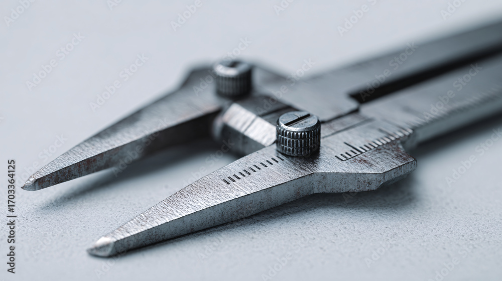 A detailed macro photograph of a precision metal divider caliper used ...