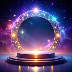 Wall Mural - Cosmic Circle Portal on Stage with Glowing Stars Galaxy and Nebula on Dark Blue Space Background