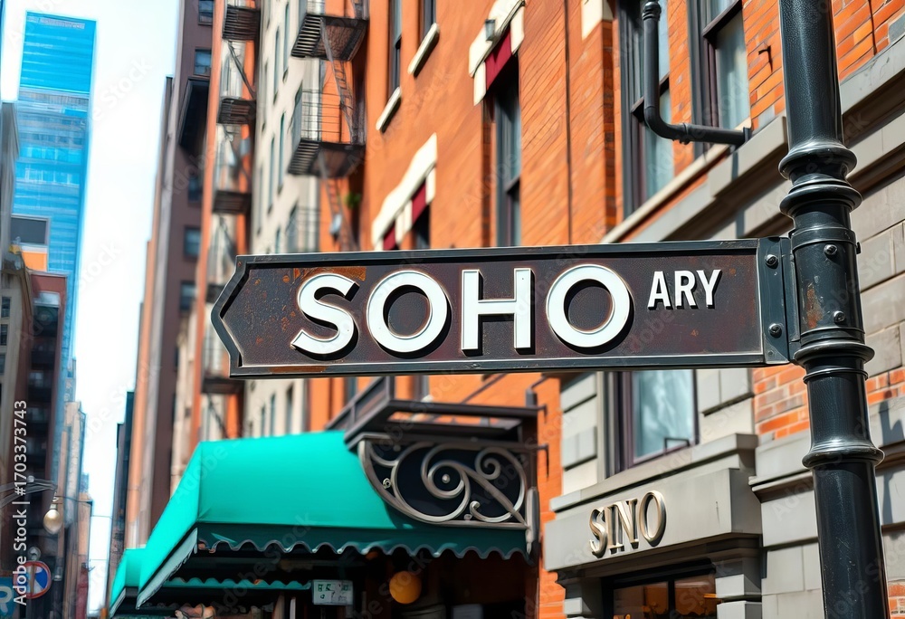 Soho Sign Sample SoHo NYC street sign, cast iron building, Lower East Side cityscape ...