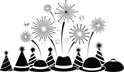 A festive collection of party hats and fedora hats with fireworks exploding above, isolated on a transparent background, perfect for new years eve or birthday celebrations